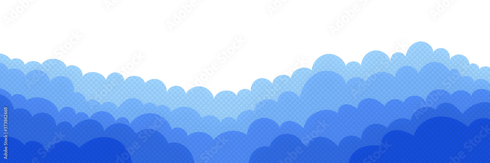 Vector background, cumulus clouds, banner. Halftone dots, fading dot effect. 