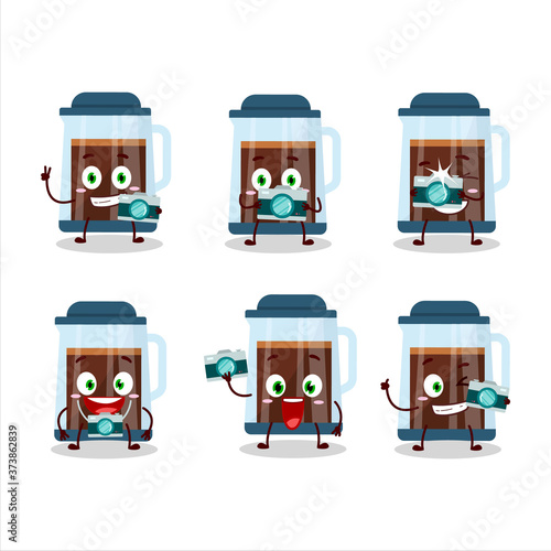 Photographer profession emoticon with french press cartoon character