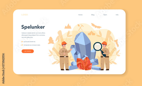 Speleologist web banner or landing page. Scientst studying caves