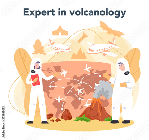 Volcanologist concept. Geologist studying the processes and activity