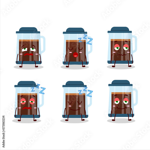 Cartoon character of french press with sleepy expression
