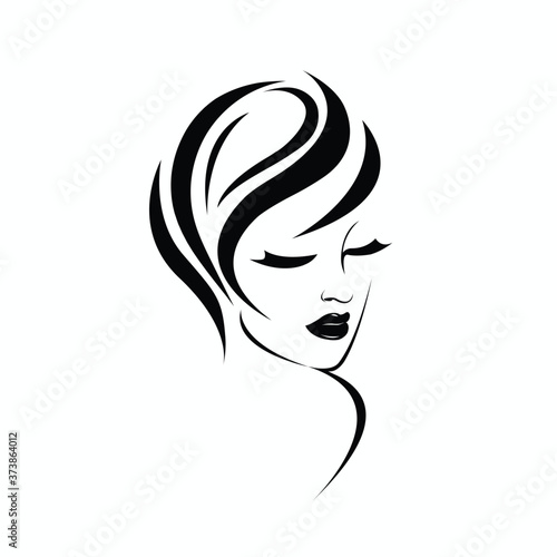 Woman with short, wavy hairstyle and elegant makeup.Hair salon, beauty studio, cosmetics and spa illustration.Beautiful young lady portrait.Smiling girl face isolated on light background.