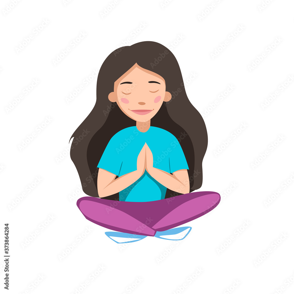 The girl is meditating in the Lotus position. Flat vector illustration on a white isolated background. Image for sports centers and banners.