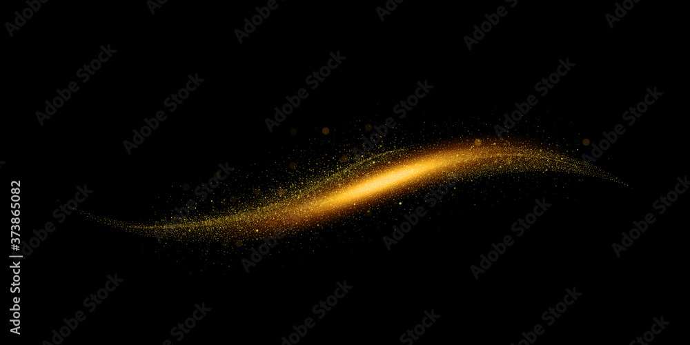 Fototapeta premium Golden glittering, sparkling magic light effect isolated on black background.