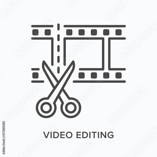 Video edit flat line icon. Vector outline illustration of movie film with scissors. Animation montage thin linear pictogram