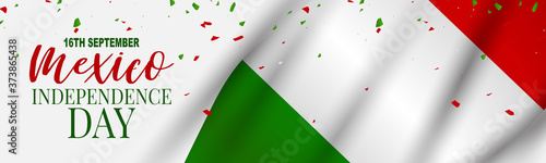 Mexico Independence Day banner. 16 September national holiday. Green, white, and red Mexican flag. Lettering in Spanish. Vector illustration.