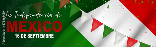 Mexico Independence Day banner. 16 September national holiday. Green, white, and red Mexican flag. Lettering in Spanish. Vector illustration.