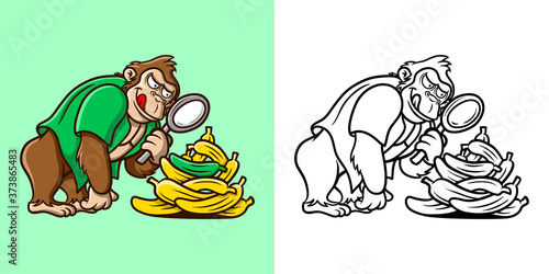 Coloring book cartoon illustration gorilla searching banana