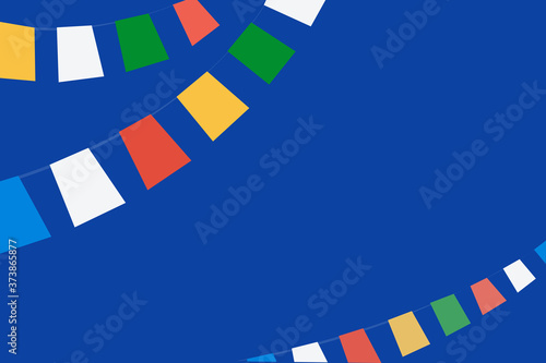 Illustration of Tibetan Buddhist flags against sky background with copy space