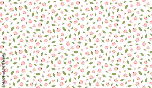 Pink rose flower, petal and leaf seamless pattern for paper design. Vintage illustration. Summer green garden. Ditsy style.