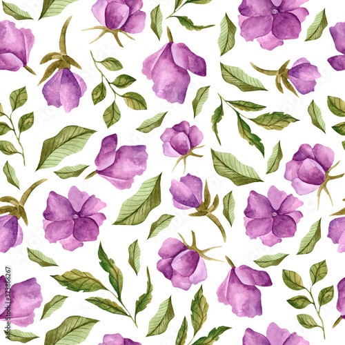 Watercolor seamless pattern with wild flowers. Watercolor design for dresses, clothing, Wallpaper, fabrics, children's room. Seamless pattern with violets. Floral print for the design of notebooks 