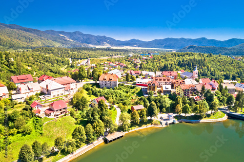 Idyllic mountain town of Fuzine on Bajer lake aerial view