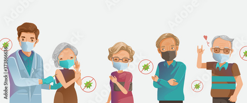 Covid-19 Vaccine. Elderly group mask at the hospital. Doctor holds an injection vaccination elderly women. Group of elderly wearing medical masks to prevent disease, flu, contaminated air, pollution.
