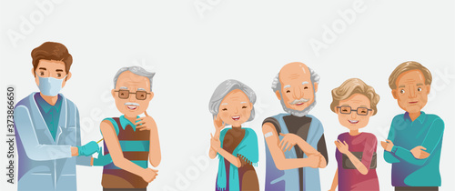 Vaccine elderly. Elderly group inject. Doctor holds an injection vaccination old man. Doctor health care retirement at a nursing home. Vaccination concept. Vector illustration.