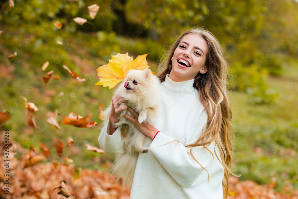 Happy Autumn. Woman having fun with little dog in fall park outdoors. Emotional support. Happy Autumn. Woman having fun with little dog in fall park outdoors. Emotional support.