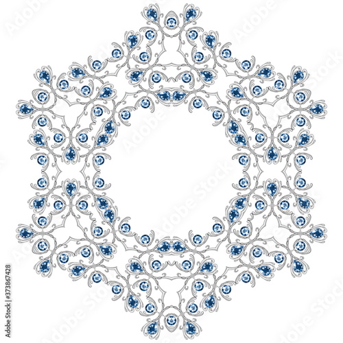Silver frame with blue gems isolated on white background