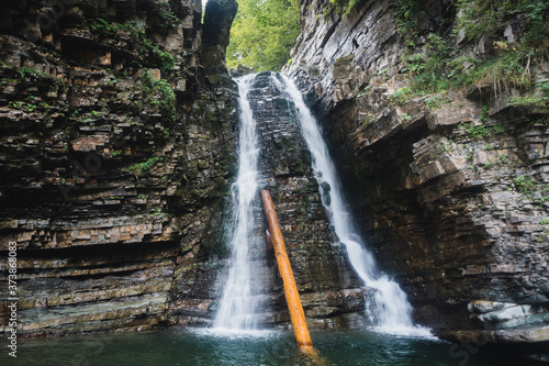 Waterfall in the Ukrainian Carpathians  Gorgany mountain range . Bukhtivets waterfall