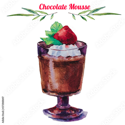 Chocolate mousse, watercolor illustration, isolated object on the white background photo