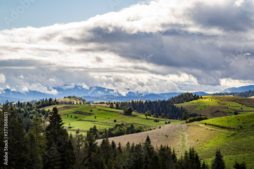 Fototapeta Naklejka Na Ścianę i Meble -  forests and glades with beautiful clouds. mountain tops