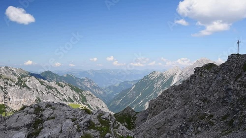 Panoramic view of a mountain top in the alps at Liechtenstein near Schesaplana. Pan left showing white rugged mountains photo