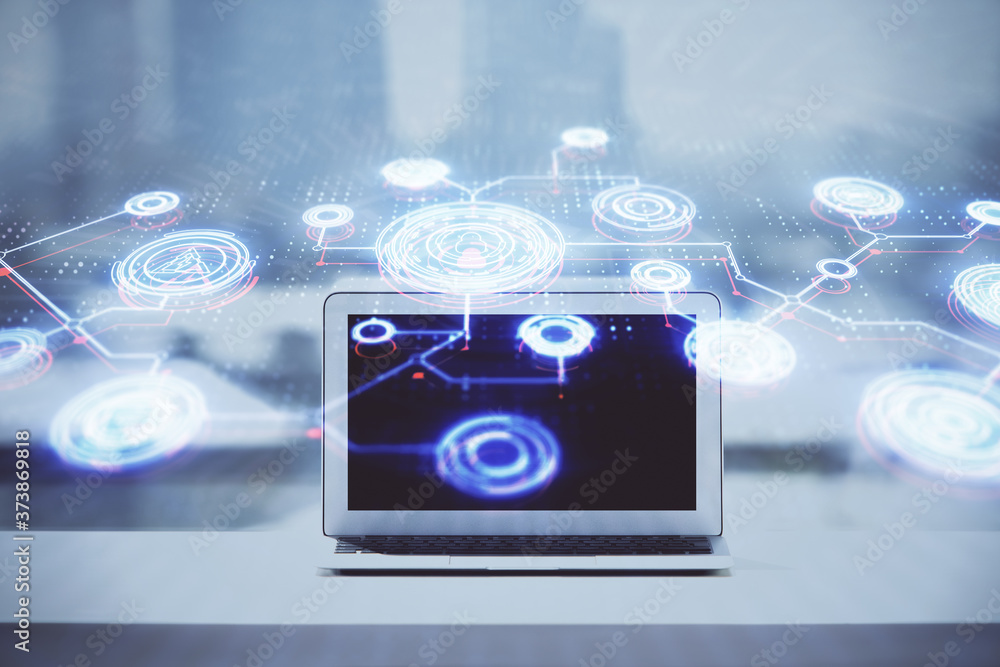 Computer on desktop with social network hologram. Double exposure. Concept of international people connections. Computer on desktop with social network hologram. Double exposure. Concept of international people connections.