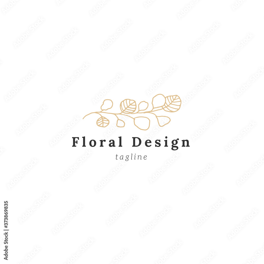 Vector simple floral logo template. Hand drawn branch with leaves.