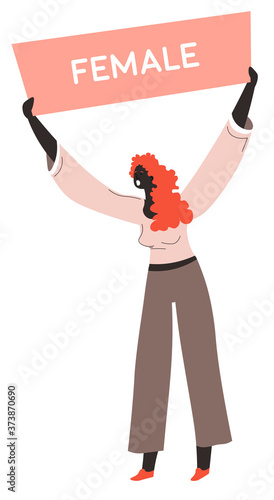 Female character showing banner, protesting feminist movement vector