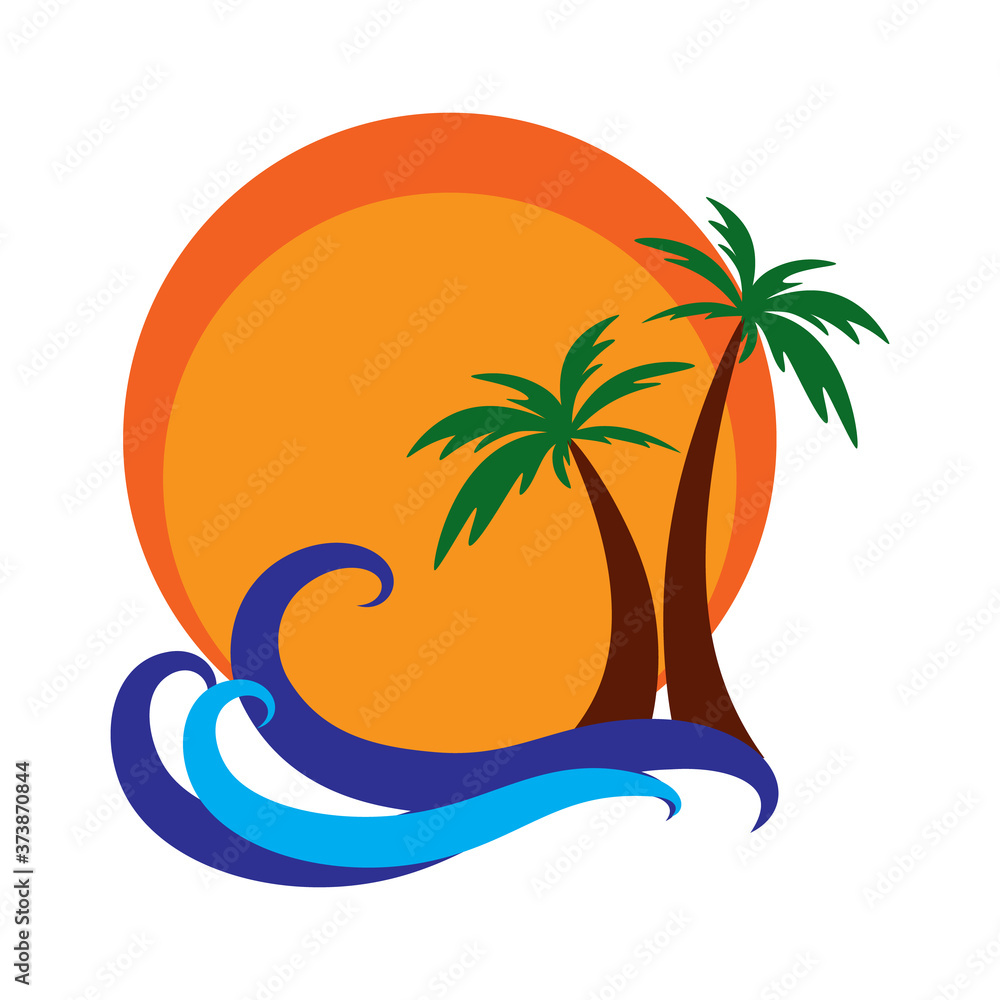 Tropical island logo, travel and tourism concept, space for text, flat design, vector illustration.
