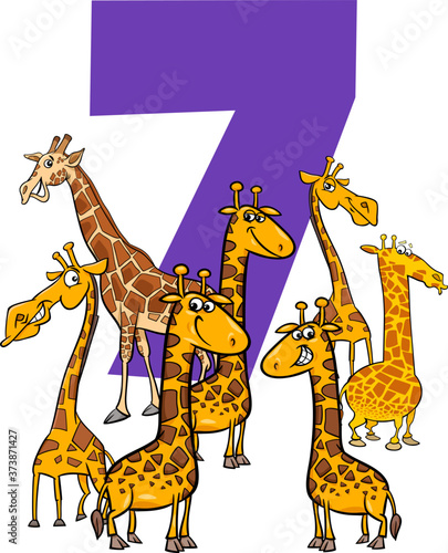 number seven and cartoon giraffe animals group