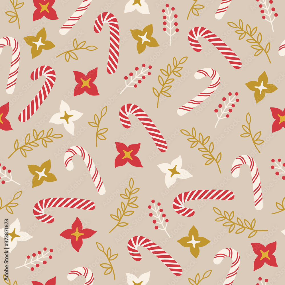 Christmas seamless pattern with candy cane, flowers, leaves, branches Christmas seamless pattern with candy cane, flowers, leaves, branches