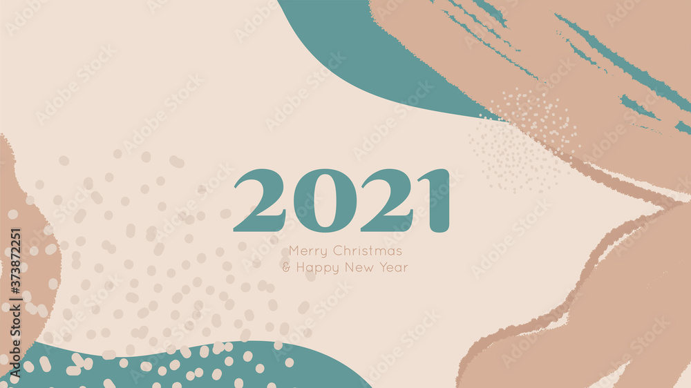 Happy New Year and Merry Christmas web banner. Abstract textured greeting card. Natural colors. 2021 background concept. Vector hand drawn illustration. Festive holiday pastel backdrop.