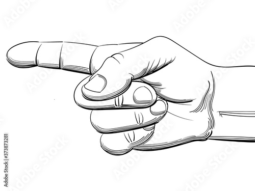 Black and white drawing. An image of a hand with an extended index finger.