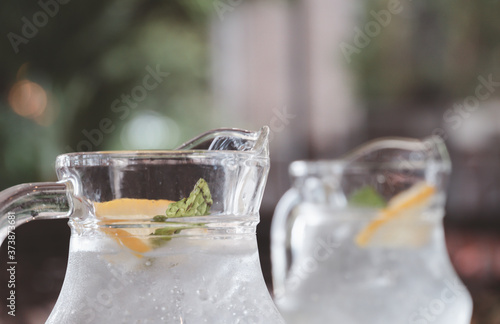Close up Glass of Lime Soda beverage. Background for fresh joice beverage. photo