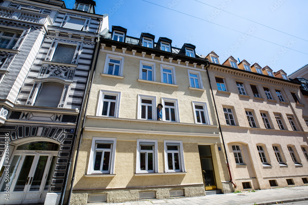 Fototapeta premium beautiful old buildings, historic houses in Mmunich, Lehel, restored houses, old buildings in Munich, Gothic