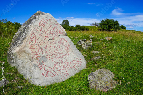 Photography Hacon Stone runestone in Birka and Hovgarden in Stockholm, Sweden