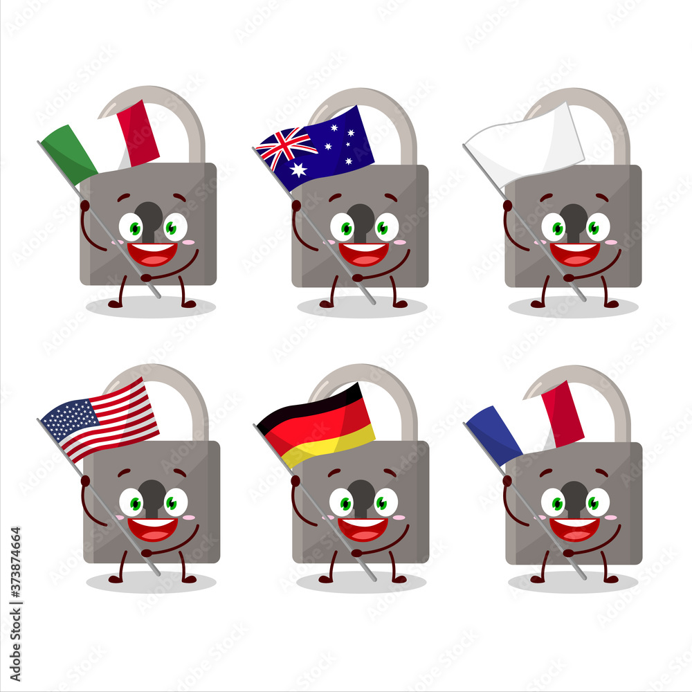 Lock cartoon character bring the flags of various countries