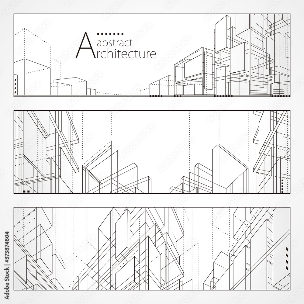 Architecture abstract modern building, Architecture building construction perspective line drawing design banner set. - obrazy, fototapety, plakaty 
