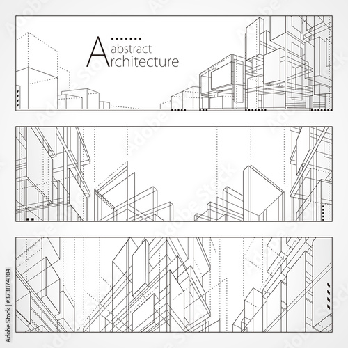 Architecture abstract modern building, Architecture building construction perspective line drawing design banner set.
