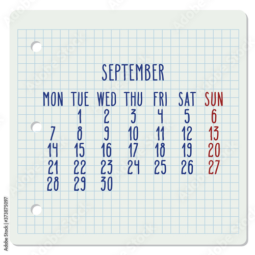 September year 2020 monthly notebook page calendar