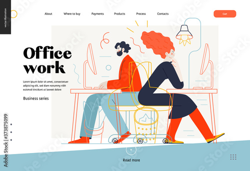 Business topics - office work, web template. Flat style modern outlined vector concept illustration. Man and woman sitting and working at the office desks with desktop computers. Business metaphor.