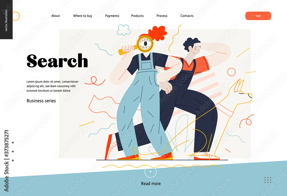 Business topics -search, web template, header. Flat style modern outlined vector concept illustration. Young man looking forward and a woman with magnifying glass looking through it. Business metaphor