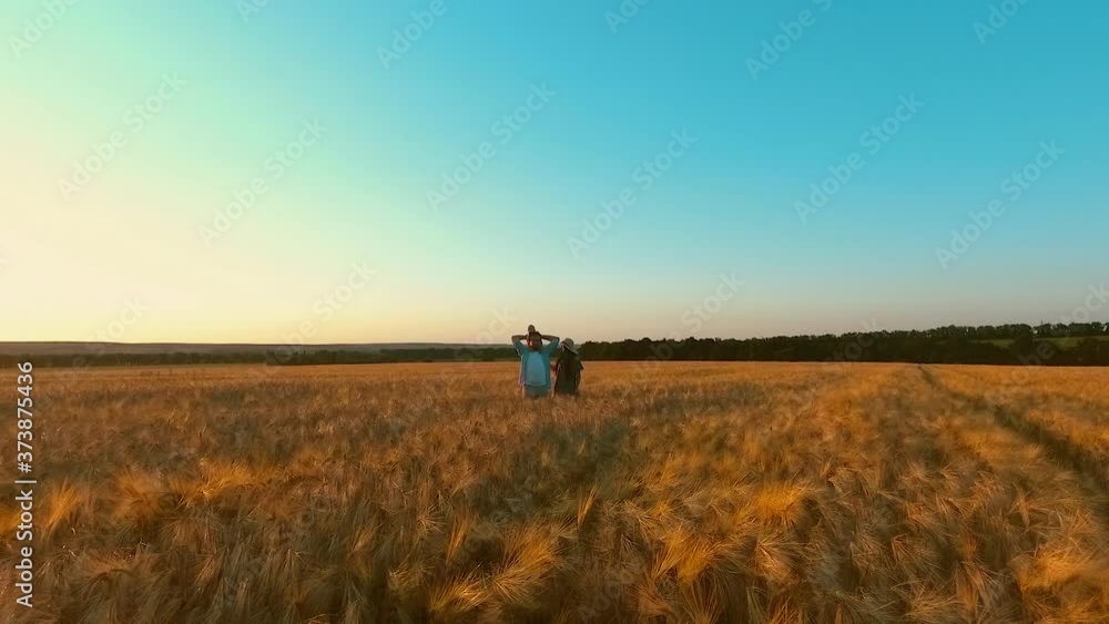 Aerial of young man walking in wheat field with baby on shoulders, young woman recording video of them with smartphone. Happy parents spending great time with little child in countryside Aerial of young man walking in wheat field with baby on shoulders, young woman recording video of them with smartphone. Happy parents spending great time with little child in countryside