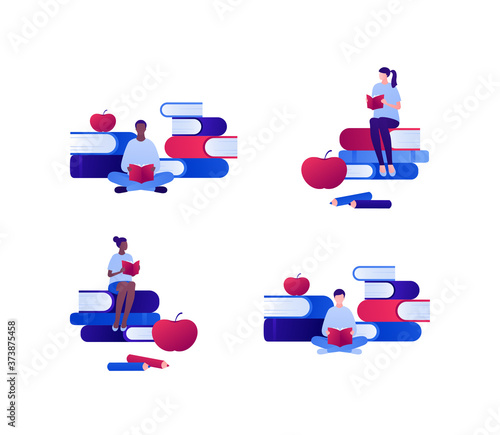 Education and smart read concept. Vector flat person illustration set. Group of multiethnic male and female young adult student reading sitting on stack books. Apple academic knowledge symbol.