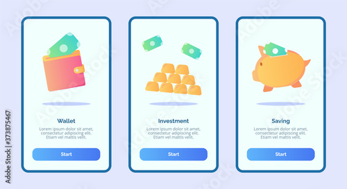 Wallet investment saving for mobile apps template banner page UI with three variations modern flat color style.