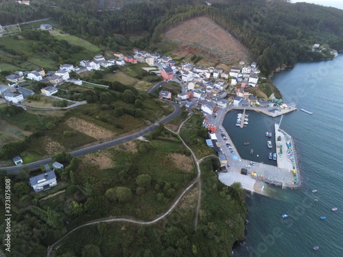 Aerial view in O Barqueiro, beautiful coastal village in Galicia,Spain. Drone Photo photo