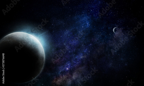 blue planet moon in space among the glow of stars and nebulae, abstract space 3d illustration, 3d image, © pechenka_123