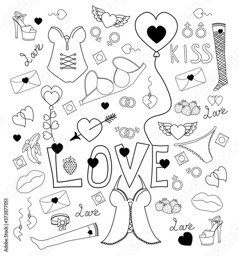 love doodle. Set of vector illustrations about Love and Valentines Day. Hearts and gender signs, wedding rings and sexy lingerie and contraception. For a festive and romantic design. All are isolated photo