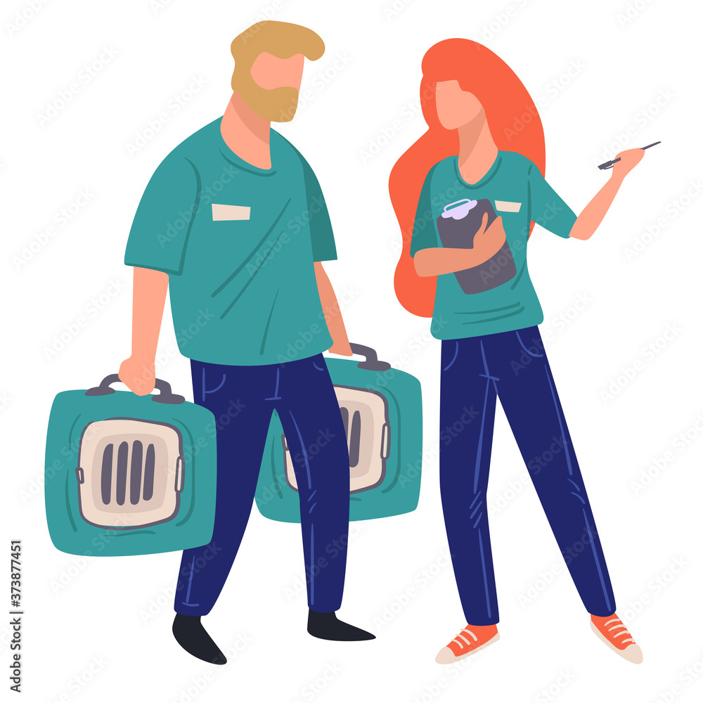 Animal shelter workers with transportation cages for pets Animal shelter workers with transportation cages for pets