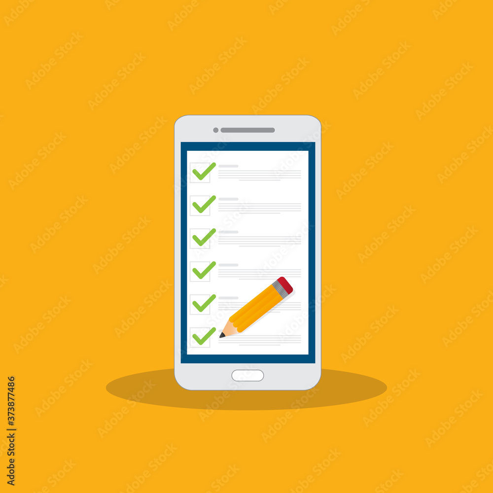 Check list document on smartphone, smartphone with paper check list and to do list with checkboxes, concept of survey, online quiz, completed things or done test, feedback. Check list document on smartphone, smartphone with paper check list and to do list with checkboxes, concept of survey, online quiz, completed things or done test, feedback.