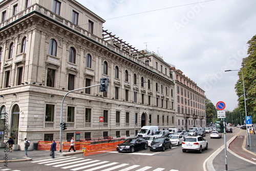 Classic European architecture and historical buildings on the city center streets of Milan in Lombardy region in Northern Italy